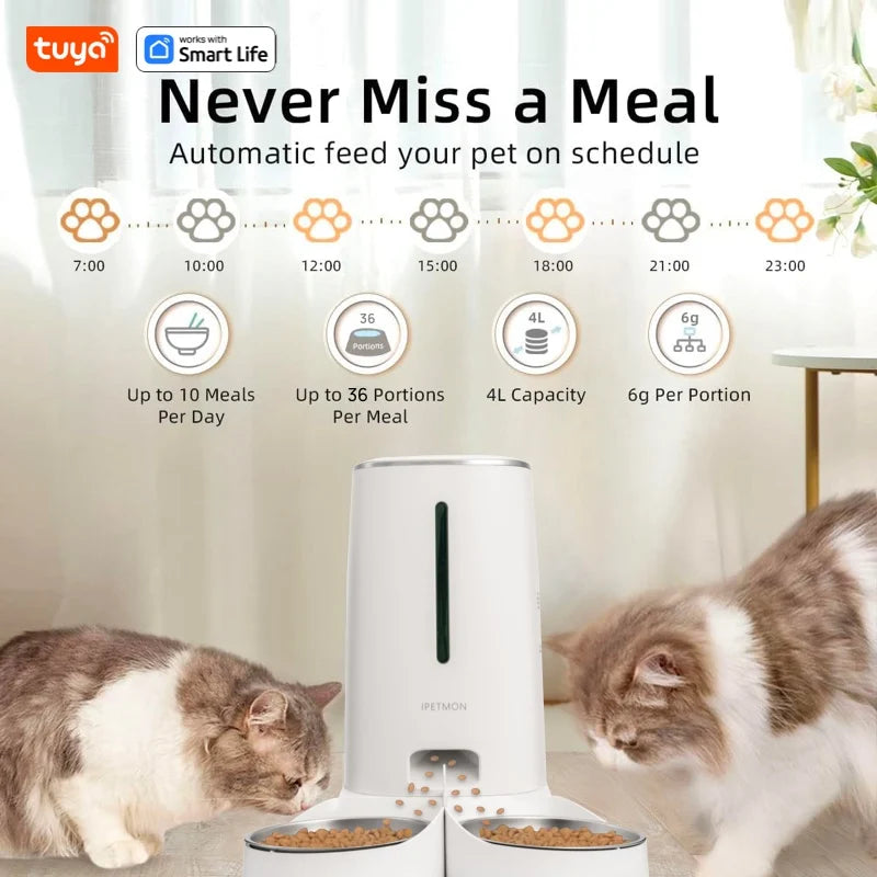 WiFi-Enabled Automatic Cat Feeder for Two Cats, 4L Food Dispenser with App Control, Dual Stainless Steel Bowls, and Low Food Alerts