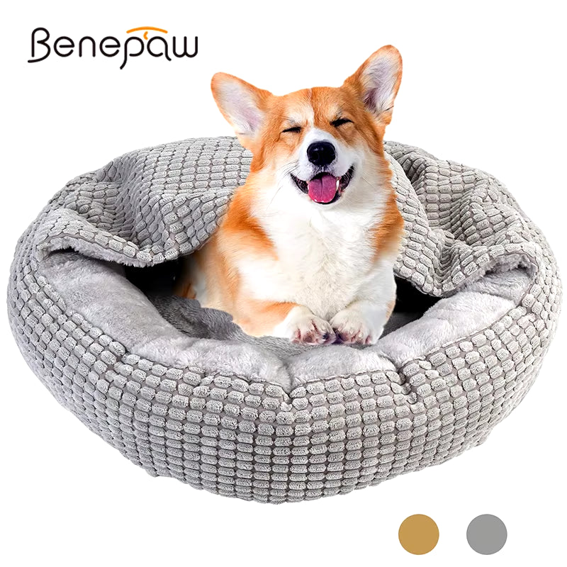 Orthopedic Hooded Fluffy Round Dog Bed - Calming Washable Pet Cuddler with Non-Slip Base for Puppies and Cats