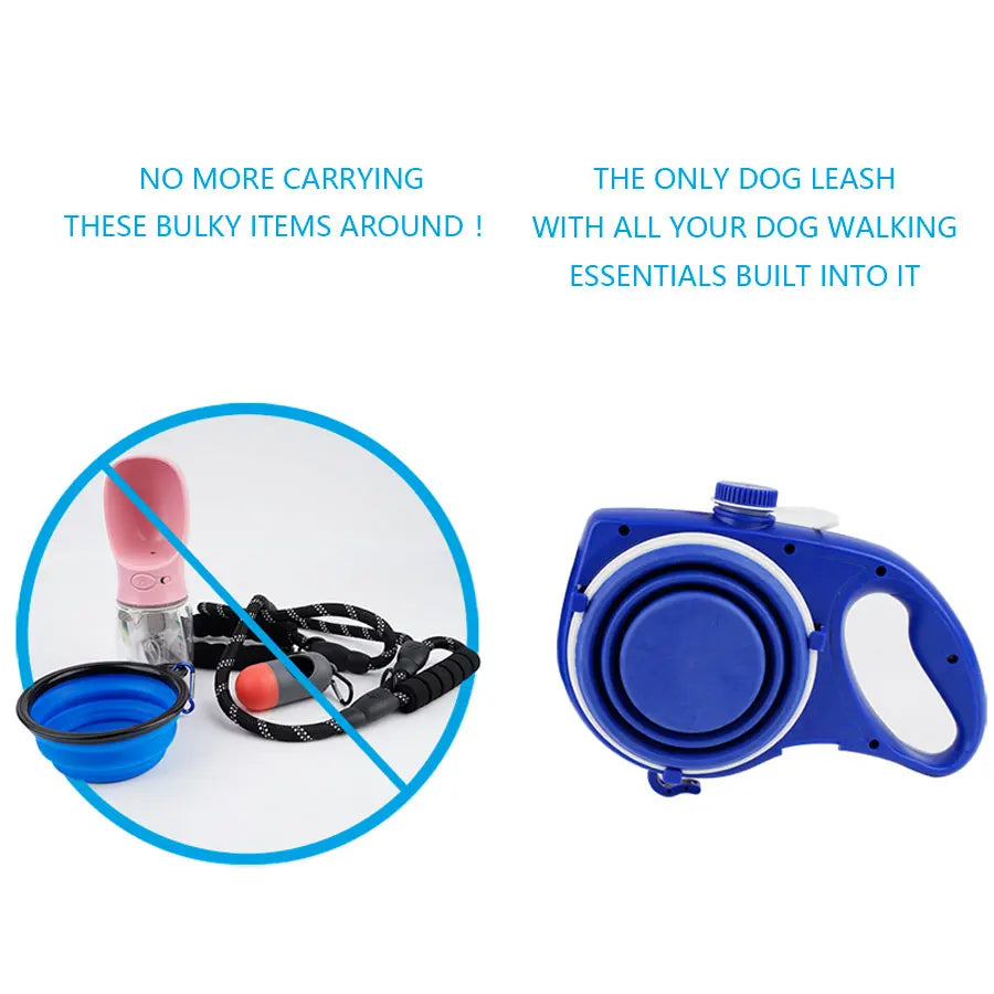 4-in-1 Durable Retractable Nylon Dog Leash with Integrated Water Bottle and Bowl for Walking and Running Pets