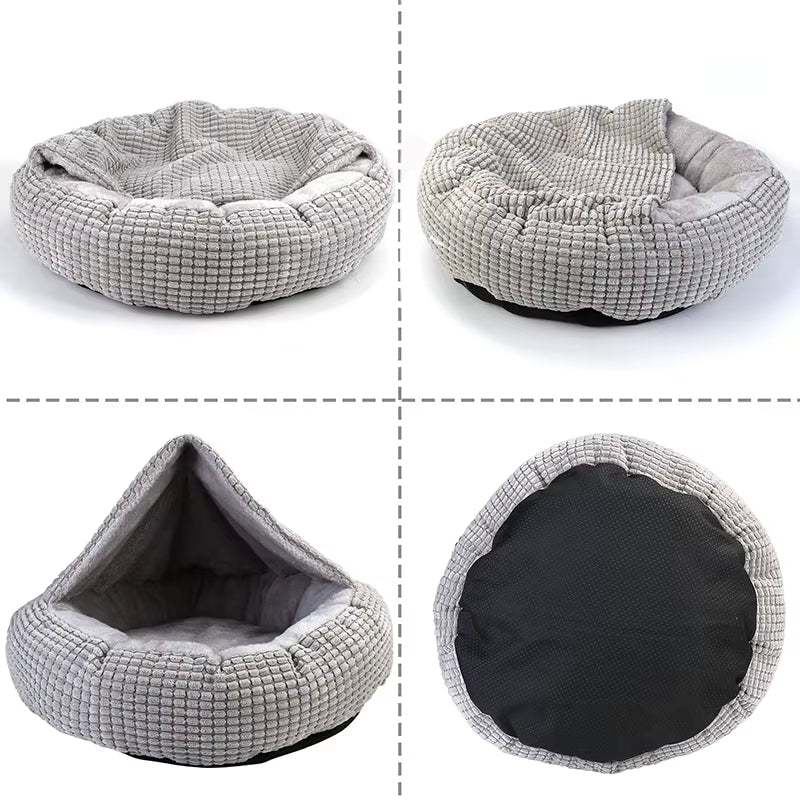 Orthopedic Hooded Fluffy Round Dog Bed - Calming Washable Pet Cuddler with Non-Slip Base for Puppies and Cats